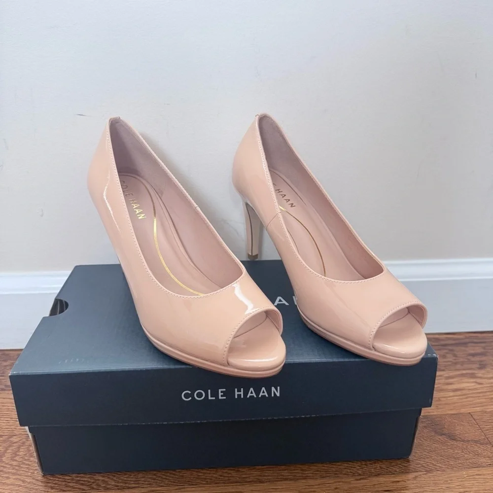 Cole Haan Dorado Platform Pump Blush Peep Toe Patent Leather Heels size 6.5